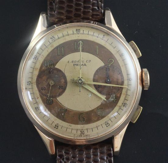 A gentlemans 1940s/1950s 14ct gold E. Borel Co, Prima manual wind chronograph wrist watch,